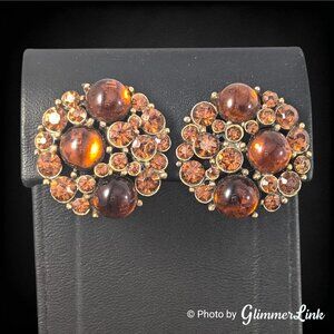 Vintage 1950s Claudette Round Brown Glass Cabochon Rhinestone Clip On Earrings